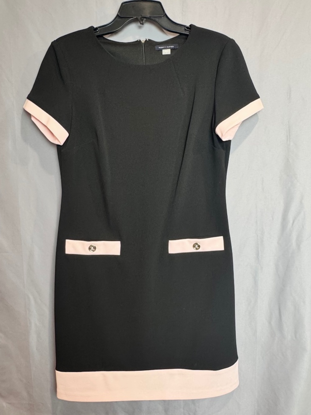 Tommy Hilfiger Black Pink Colorblock Mod Shift Dress Gold TH Zipper 8